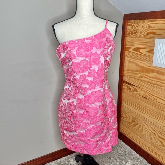 Lulus Flowery Fete Pink Floral Jacquard One Shoulder Mini Dress Large L Party - Picture 2 of 11